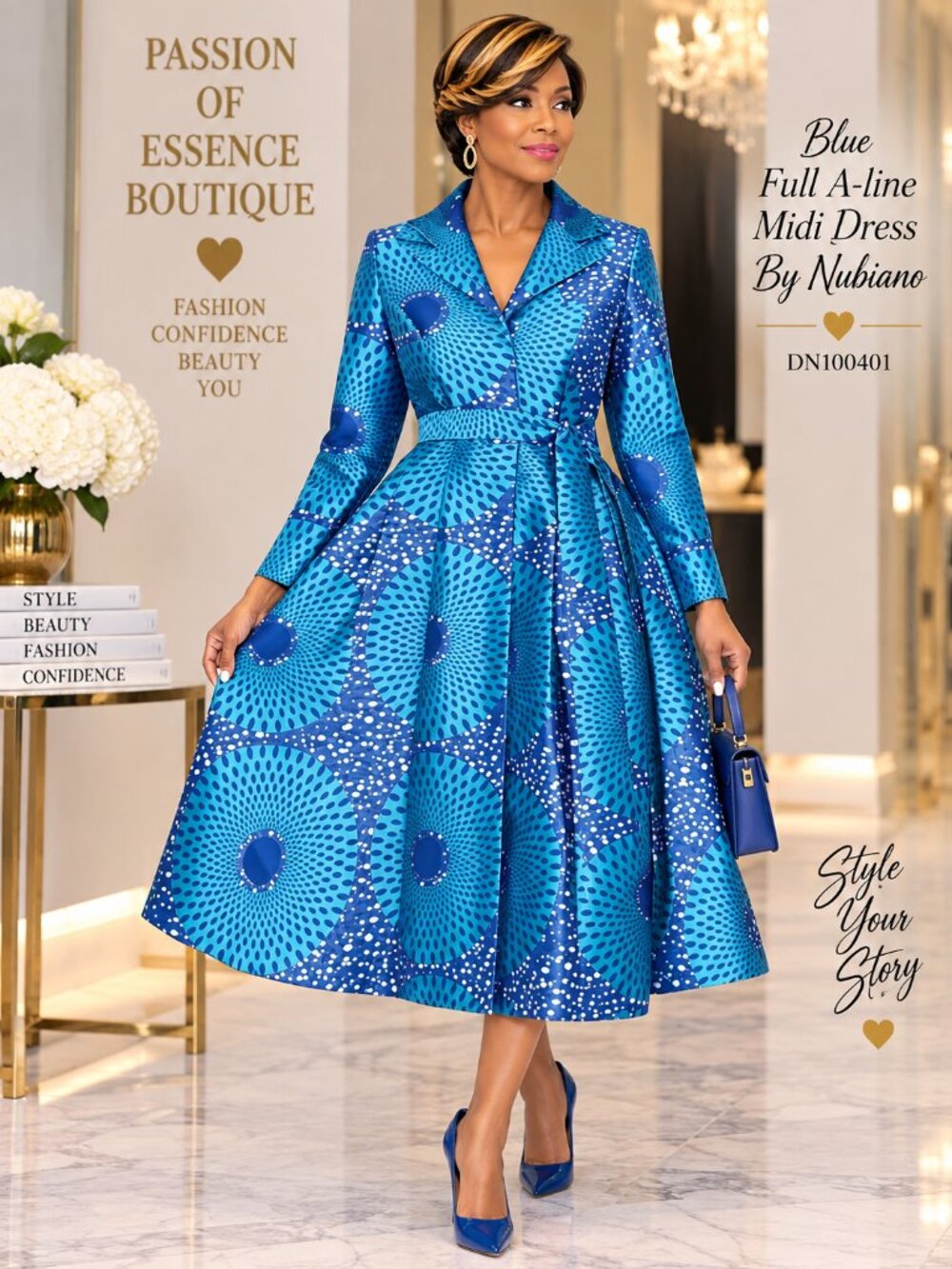 Dresses by Nubiano Blue Print A-Line Midi Dress Belted Size 12